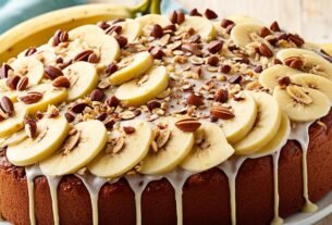 Bolo de banana com chocolate calda e avelã