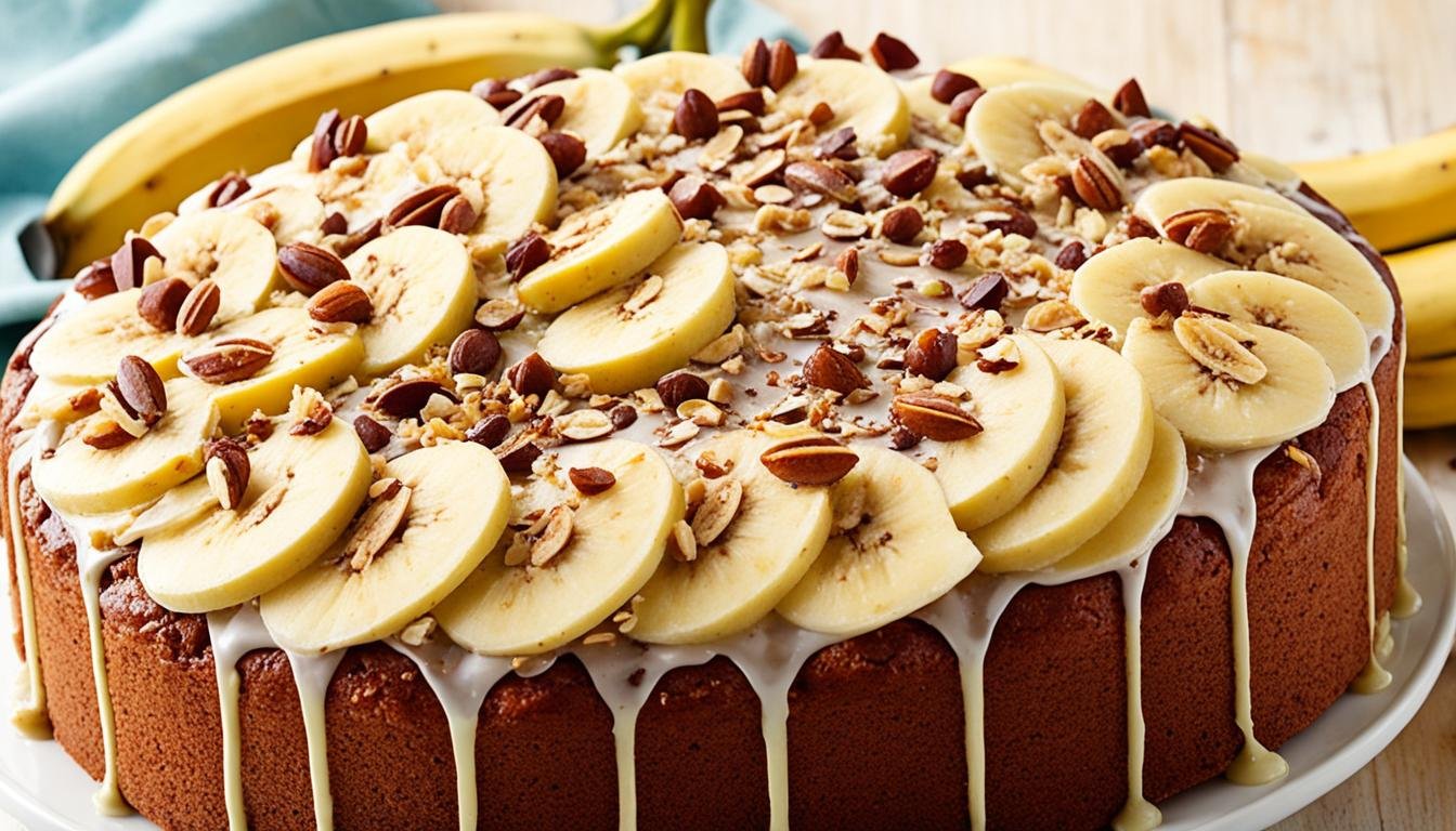 Bolo de banana com chocolate calda e avelã